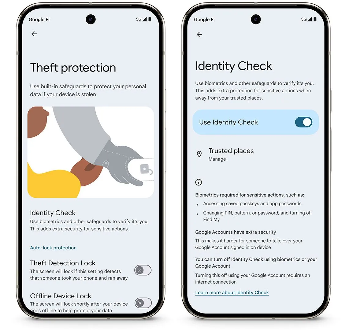 Minh họa giao diện và cơ chế hoạt động của tính năng Identity Check trong bảo vệ chống trộm Android