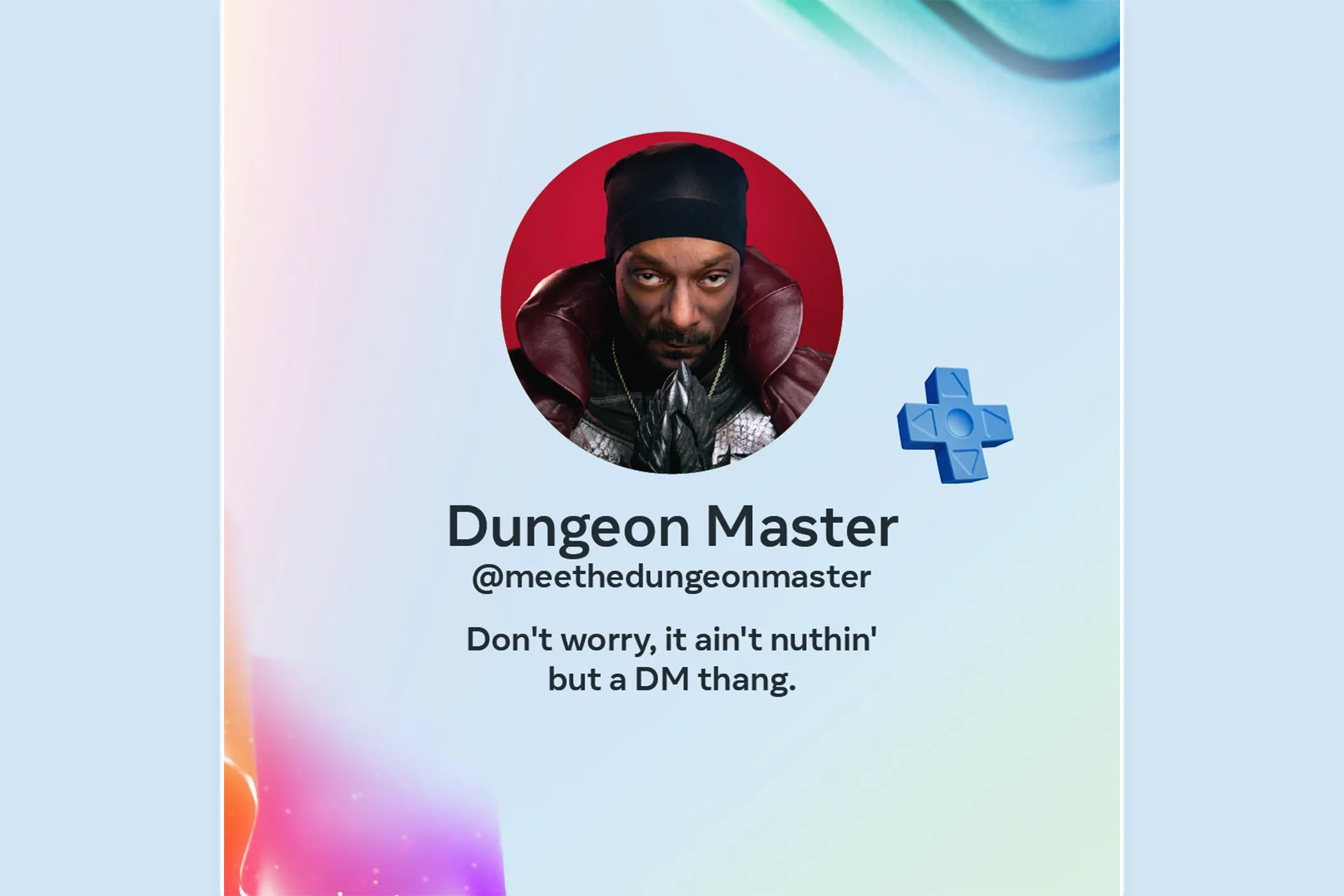 Minh họa nhân vật AI Snoop Dogg trong vai trò Dungeon Master thông qua Meta AI tích hợp Messenger