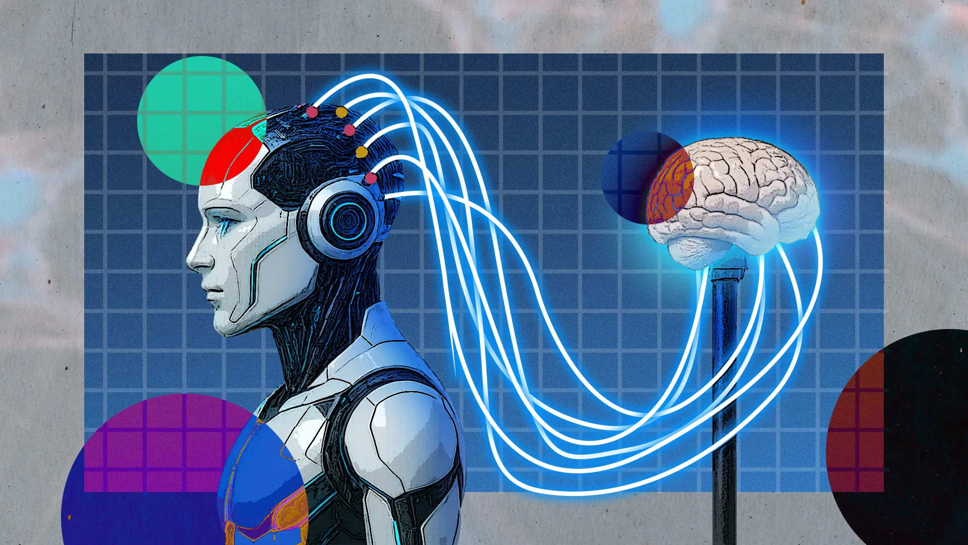 Minh họa robot AI kết nối với bộ não con người.