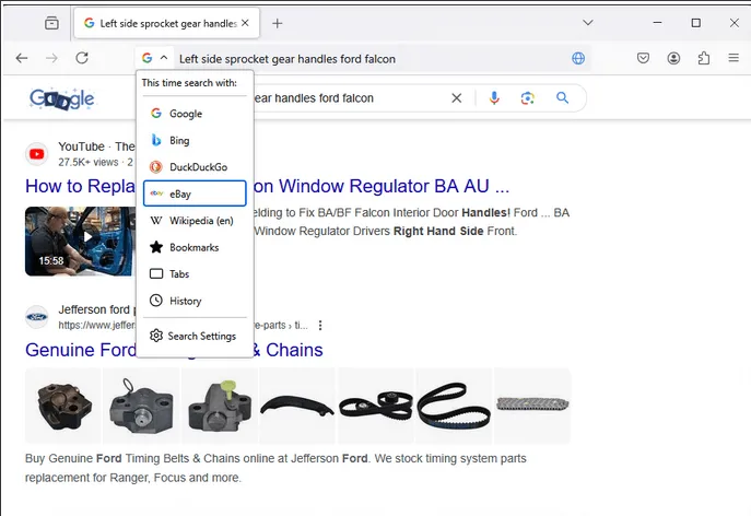 Minh họa thanh địa chỉ tìm kiếm mới của Firefox 137 với tùy chọn công cụ tìm kiếm dạng thả xuống và khả năng tính toán trực tiếp.
