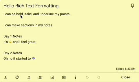 Minh họa tính năng định dạng văn bản (rich text formatting) trên Google Keep web