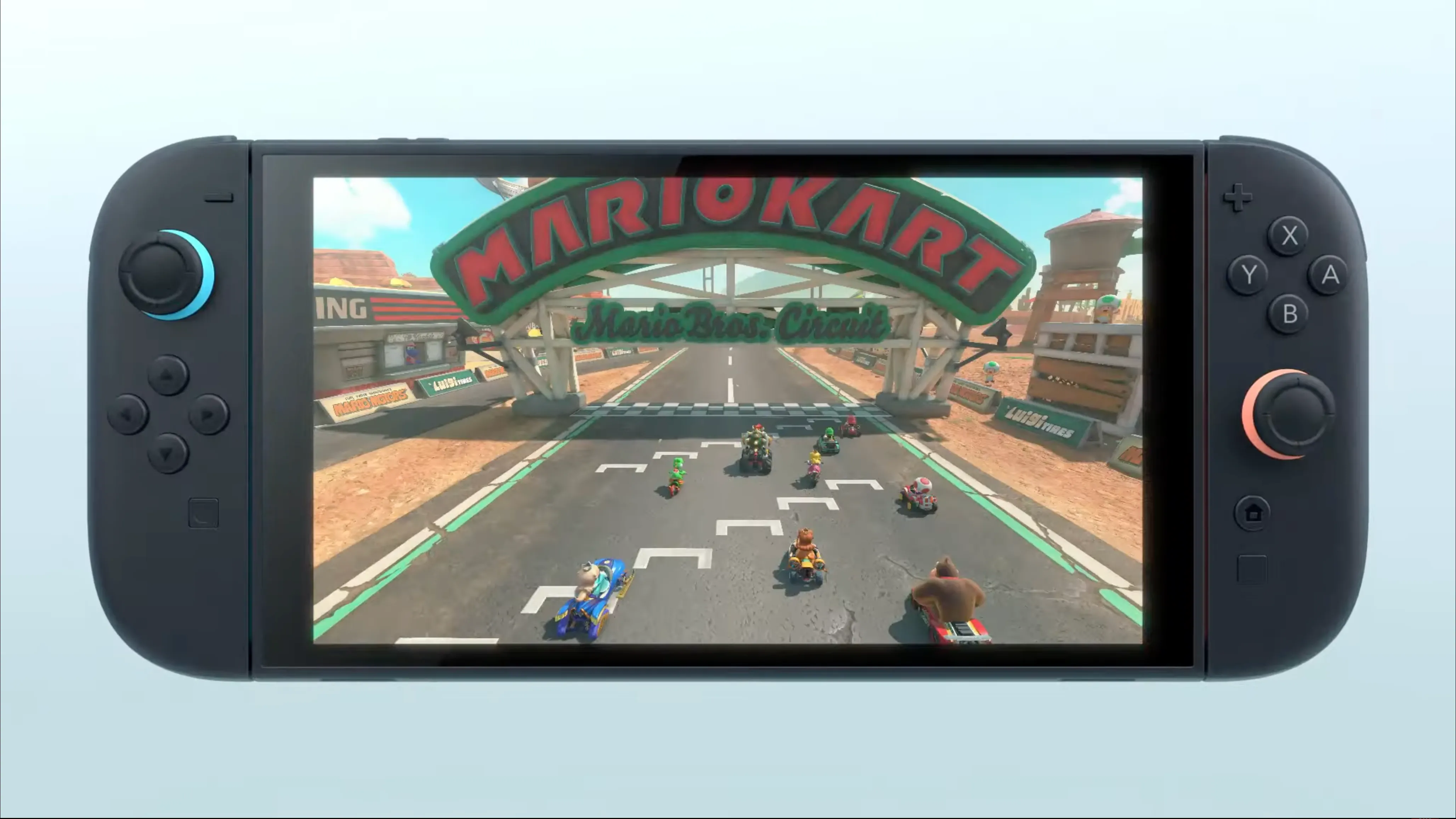 Mô hình máy chơi game Nintendo Switch 2 cùng nhân vật Mario trong game Mario Kart World, minh họa các tựa game ra mắt.