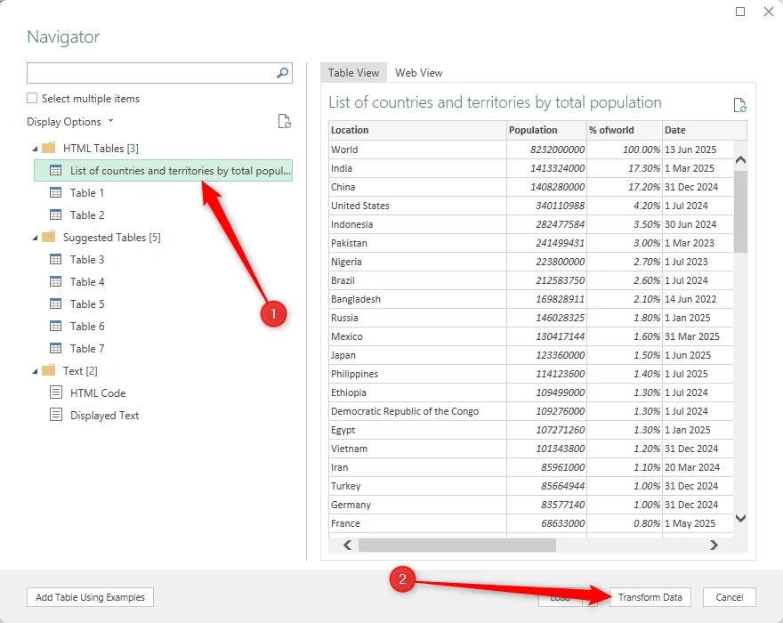 Một bảng dựa trên web được chọn trong hộp thoại 'Navigator' (Trình điều hướng) của Excel, và nút 'Transform Data' (Chuyển đổi Dữ liệu) được nhấn để mở Power Query Editor.