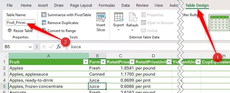 Một bảng trong Excel được đổi tên thành 'Fruit_Prices' trong tab 'Table Design' (Thiết kế Bảng), cho phép tham chiếu dễ dàng hơn trong công thức.