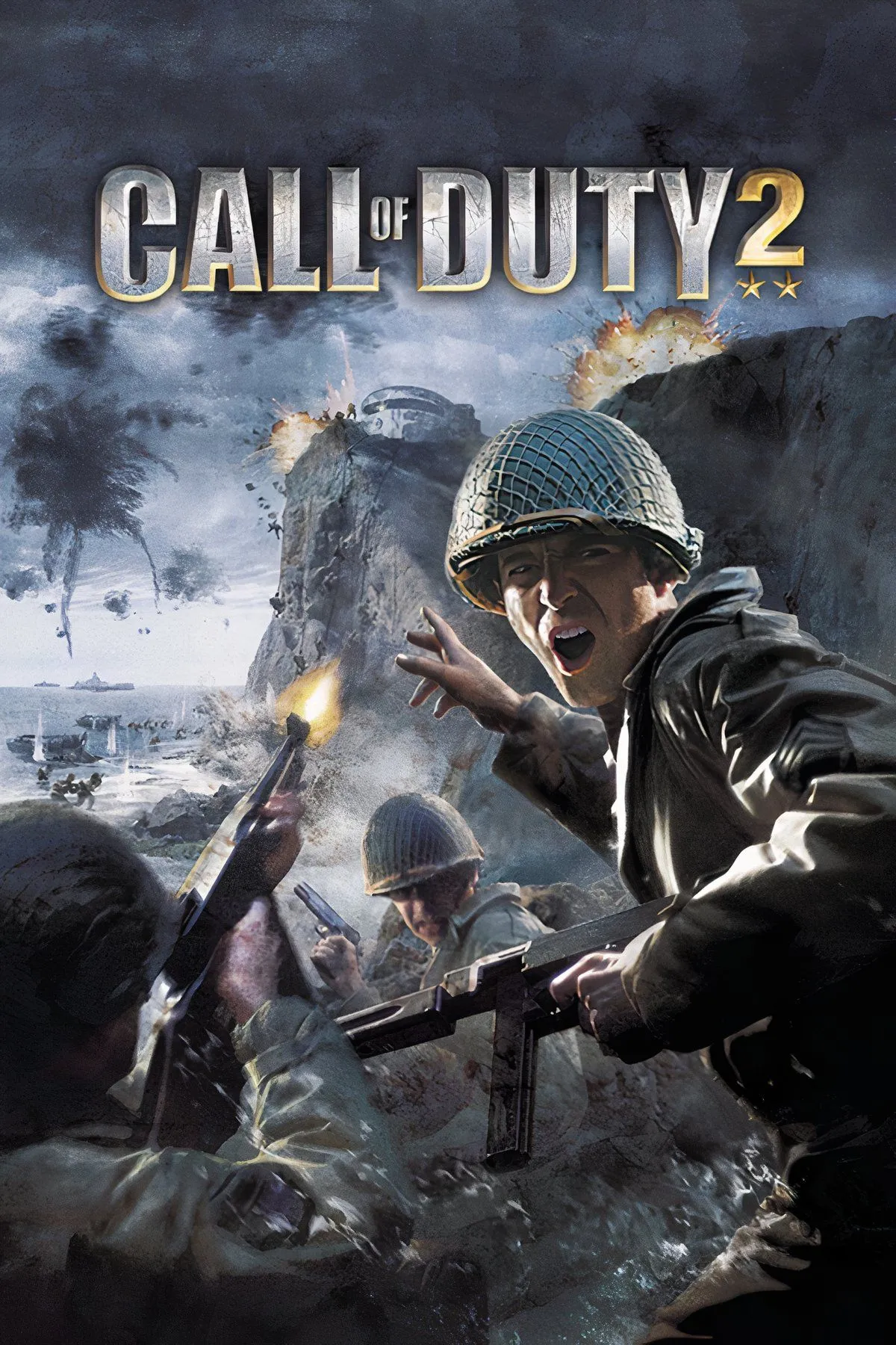 Một cảnh chiến đấu dữ dội trong game Call of Duty 2, với binh lính đang giao tranh trong môi trường đổ nát, thể hiện sự chân thực của chiến trường.
