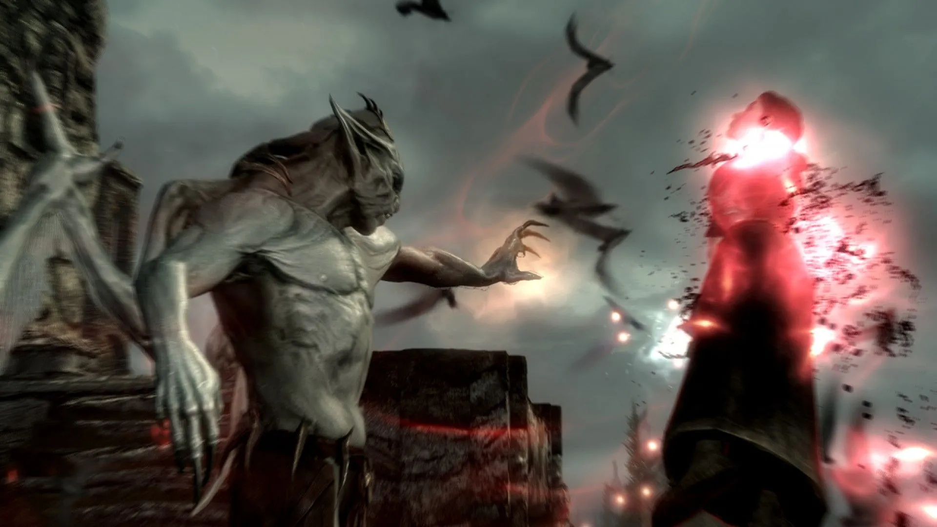Một cảnh chiến đấu trong bản mở rộng Dawnguard của The Elder Scrolls V Skyrim, cho thấy đồ họa và không khí fantasy tăm tối của game
