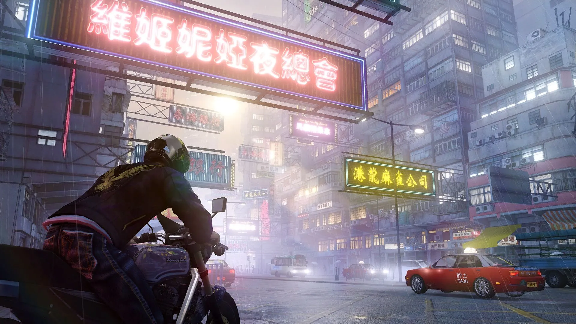 Một cảnh hành động với xe máy trong Sleeping Dogs, một game thế giới mở lấy bối cảnh Hồng Kông.