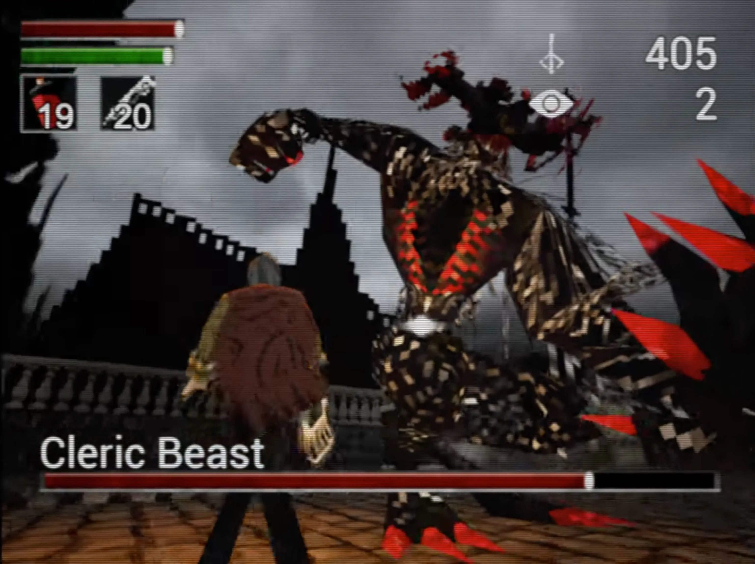 Một cảnh trong Bloodborne PSX, phiên bản demake của Bloodborne tái hiện đồ họa game trên hệ máy PlayStation 1, minh họa thách thức bản quyền.
