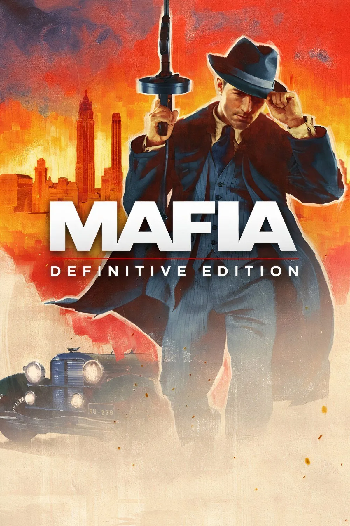 Một cảnh trong game Mafia, thể hiện không khí u ám của thập niên 1930 với nhân vật chính và những chiếc xe cổ điển, bối cảnh hành động kinh điển.