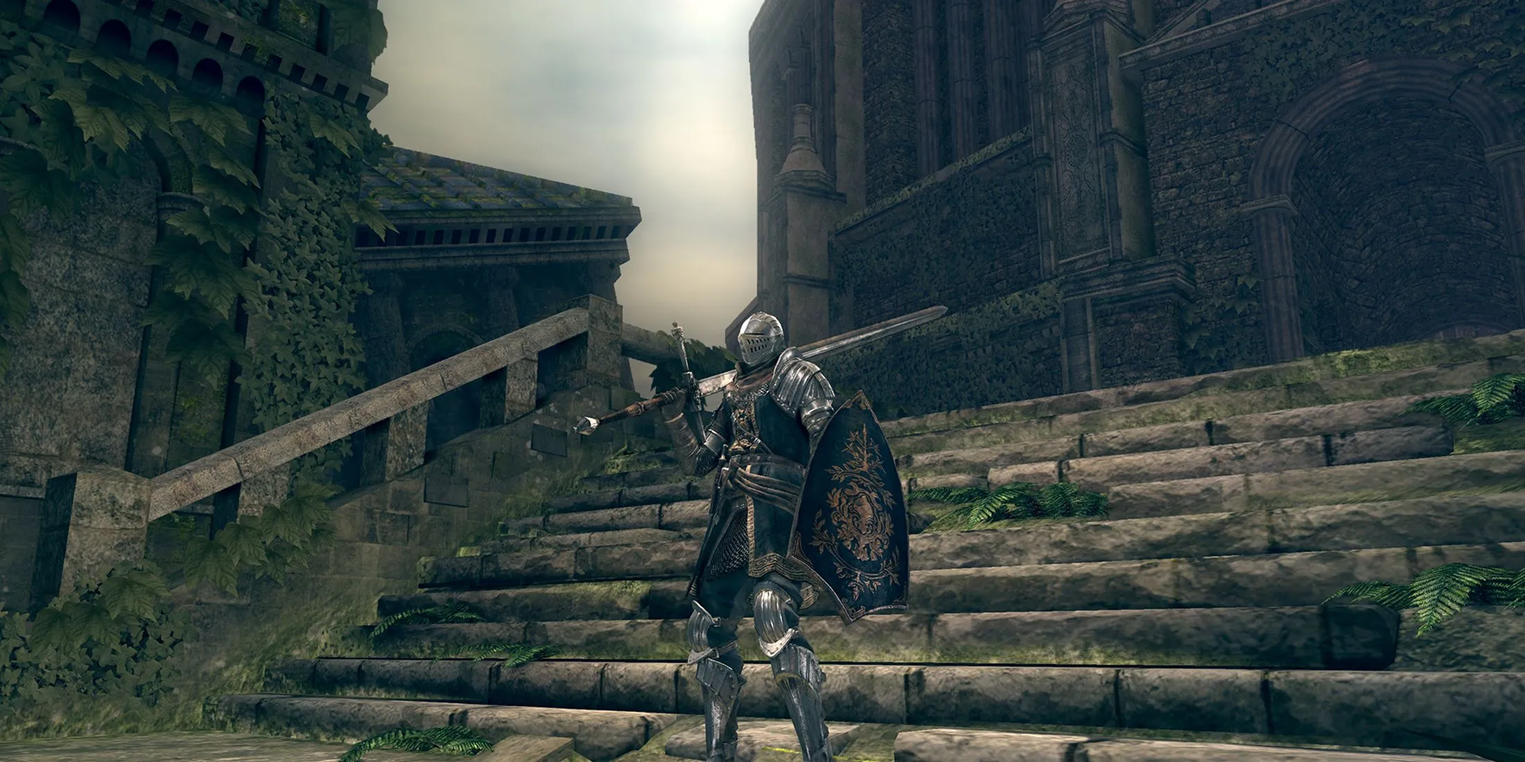 Một chiến binh giáp trụ đứng trước khung cảnh đổ nát trong Dark Souls, thể hiện sự khắc nghiệt của thế giới game.