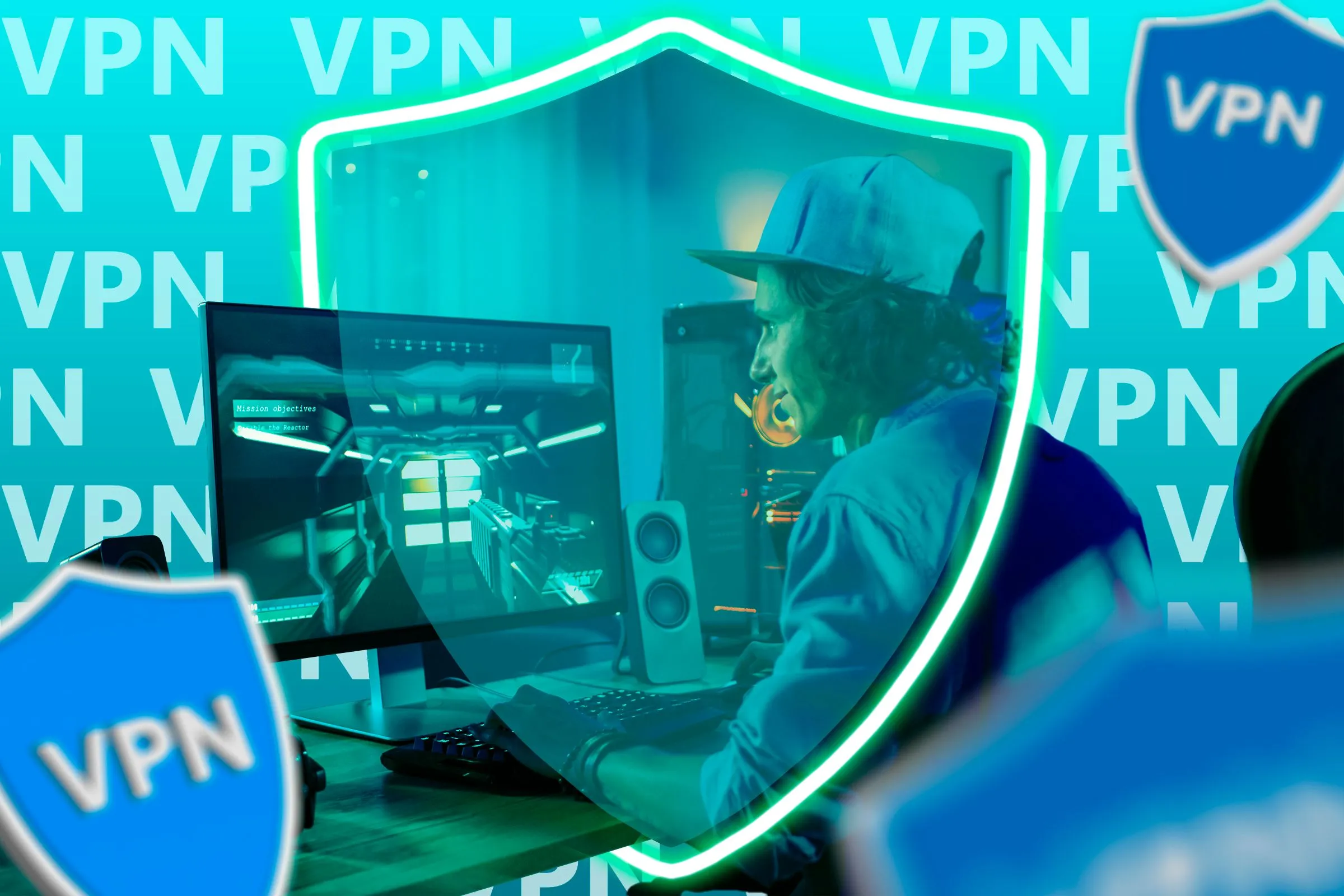 Một game thủ đang chơi trên máy tính với các lá chắn VPN bao quanh, thể hiện việc sử dụng VPN để mã hóa và bảo vệ lưu lượng truy cập Internet khỏi các mối đe dọa an ninh mạng.