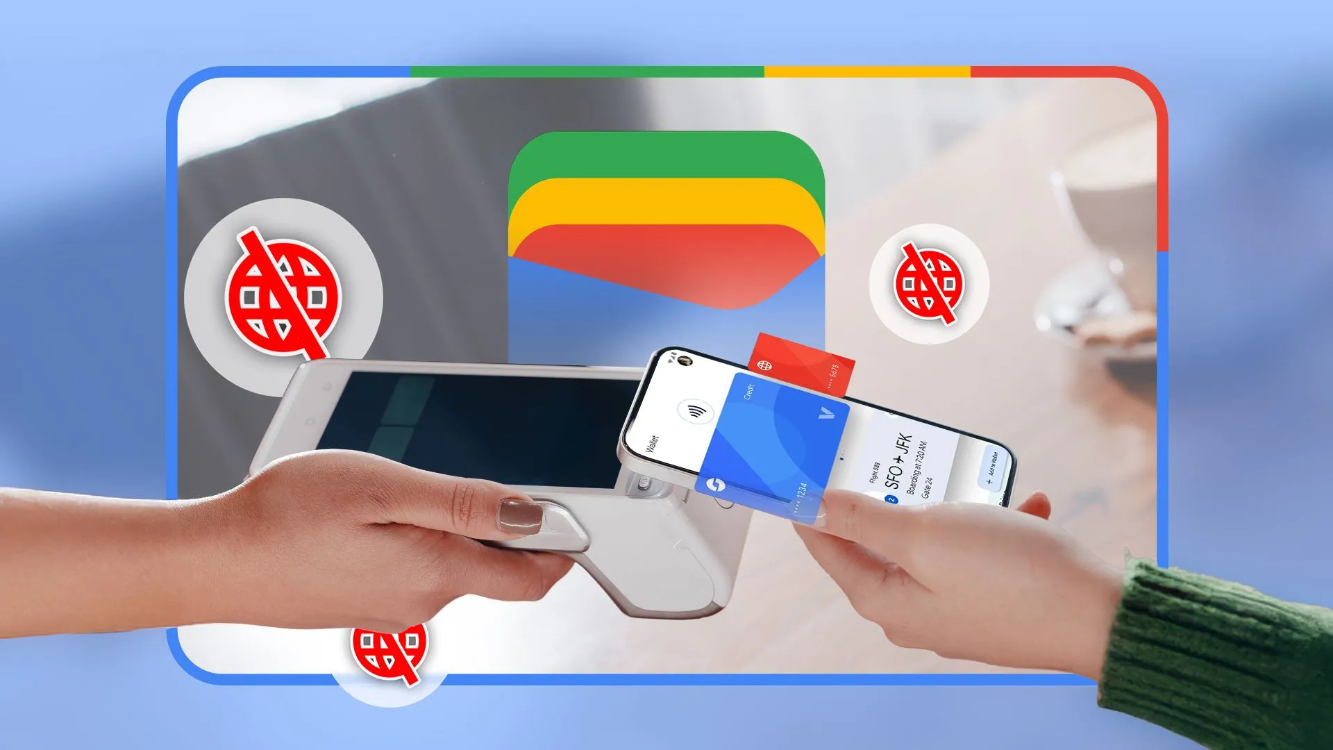 Một người dùng đang thanh toán không tiếp xúc qua NFC bằng điện thoại tại máy POS, với logo Google Wallet mờ ở phía sau