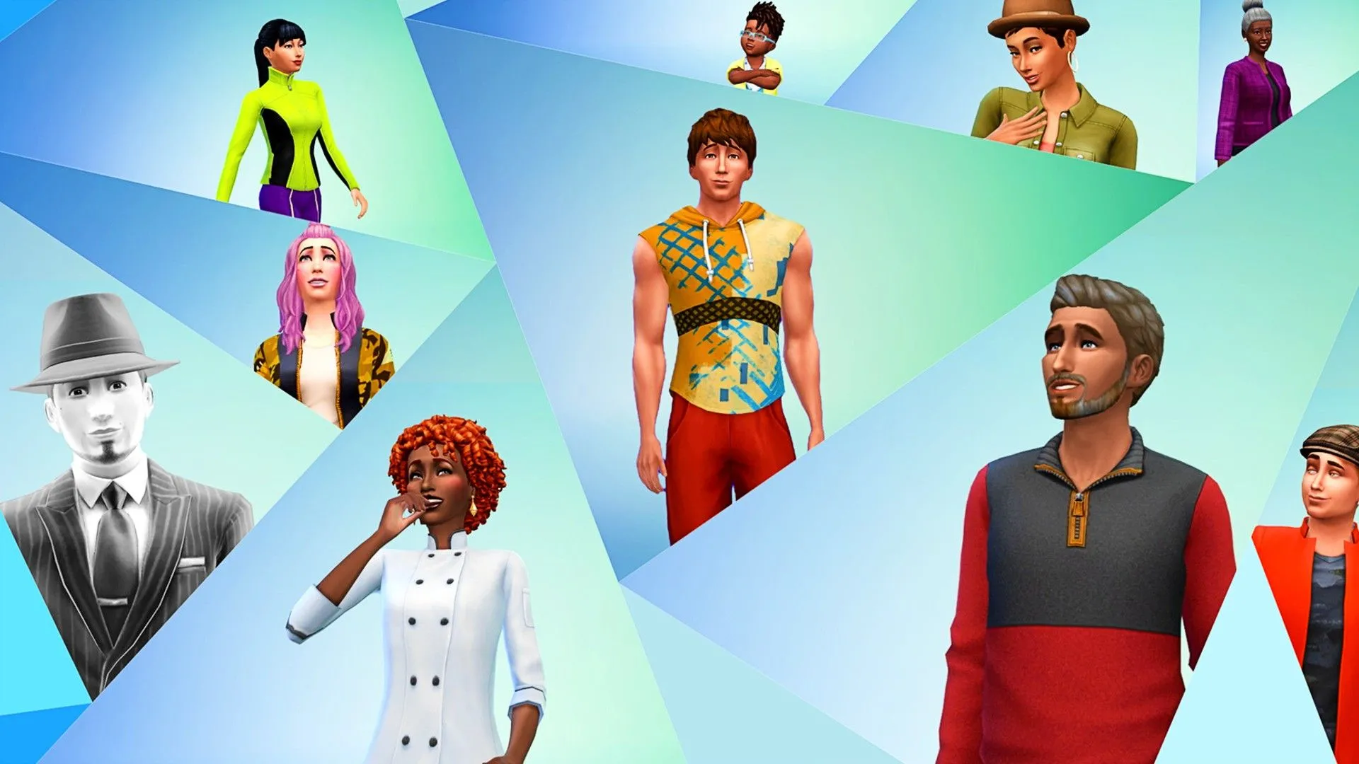 Một nhóm các Sims được tạo hình trong The Sims 4 đang nhìn xung quanh, thể hiện khả năng tùy chỉnh nhân vật và môi trường sống trong game mô phỏng.
