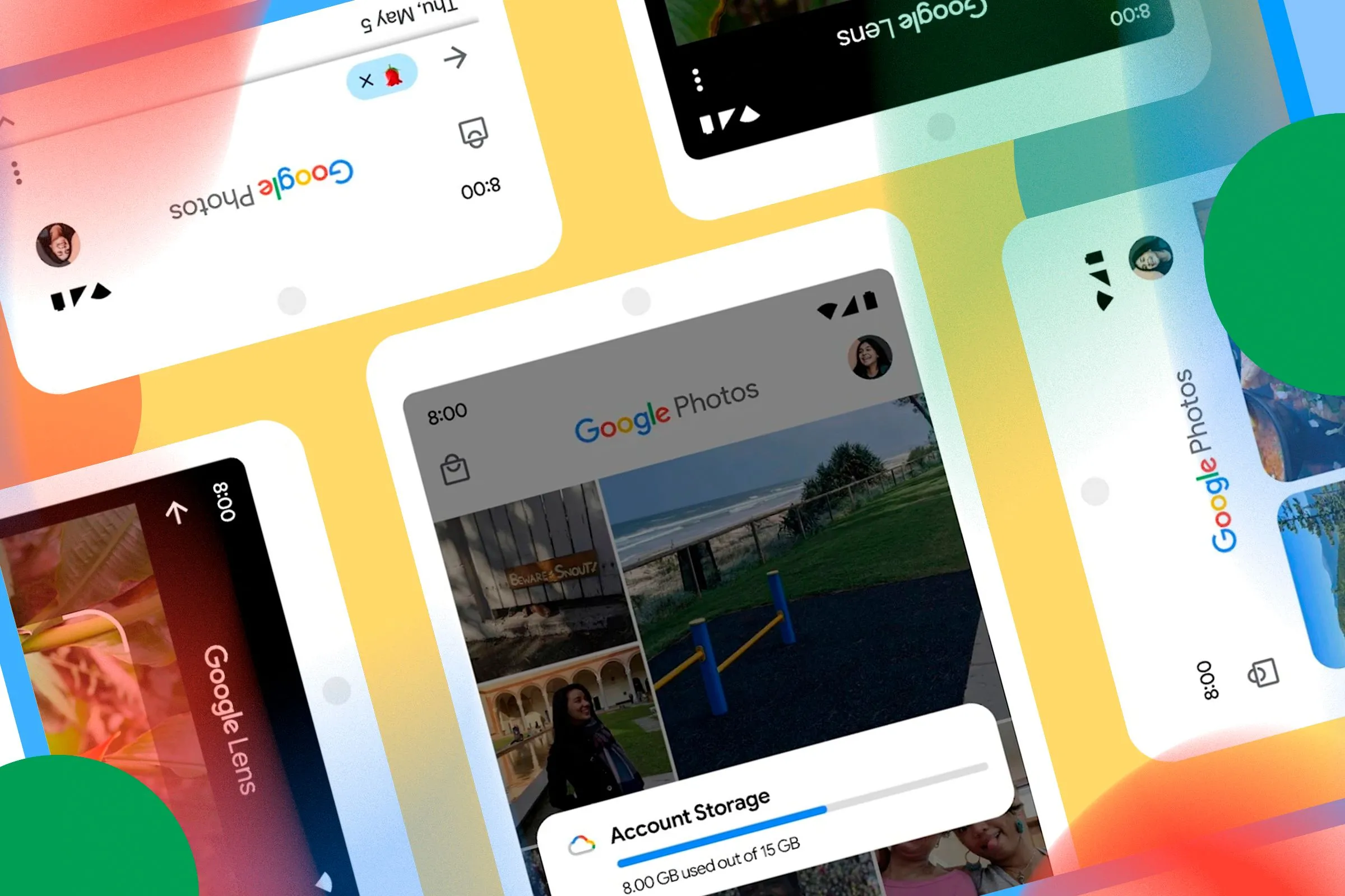 Một số màn hình điện thoại hiển thị ứng dụng Google Photos với các tính năng đám mây