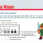 Một trang sách hướng dẫn game The Legend of Zelda cổ điển, minh họa các chi tiết và lore game.
