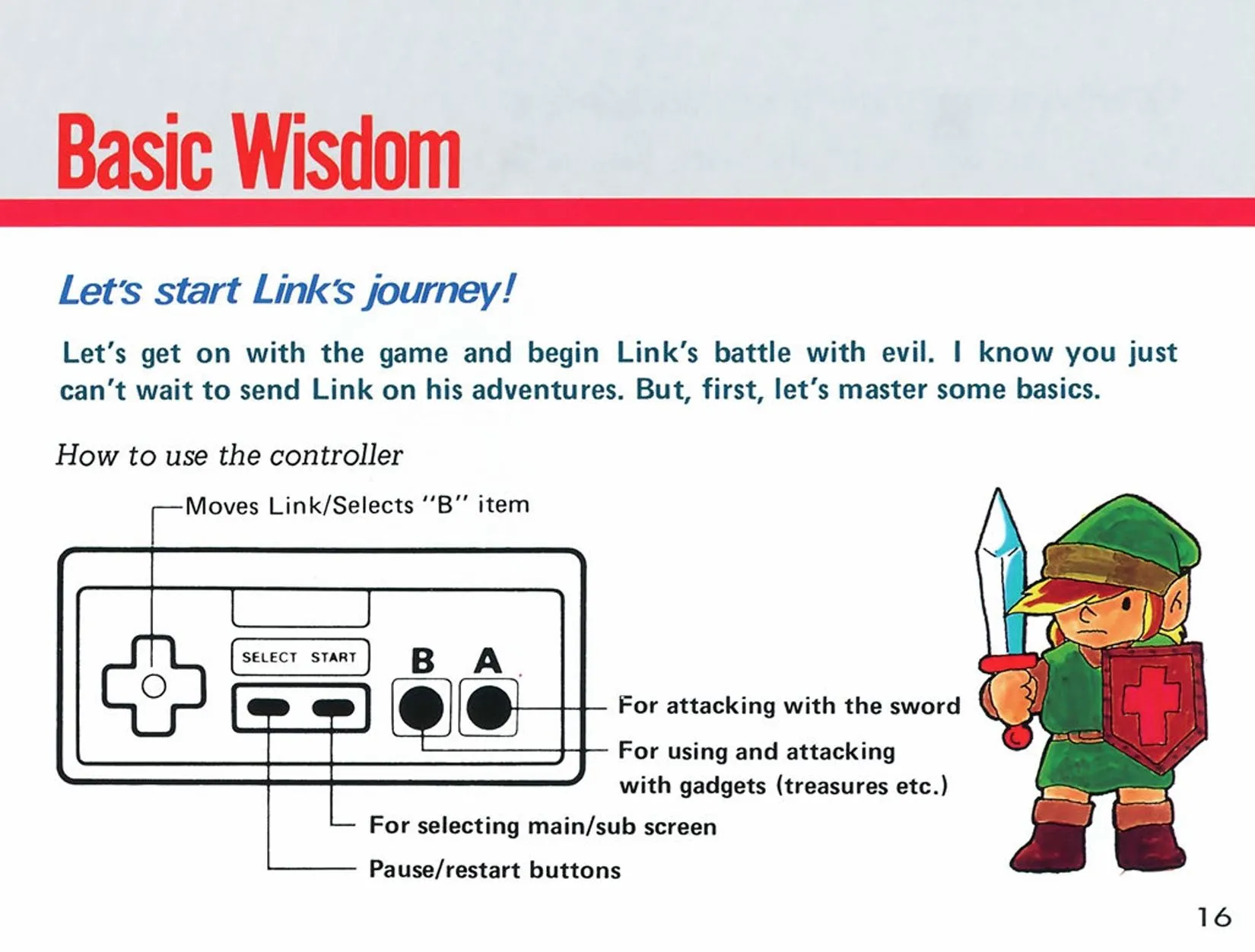 Một trang sách hướng dẫn game The Legend of Zelda cổ điển, minh họa các chi tiết và lore game.