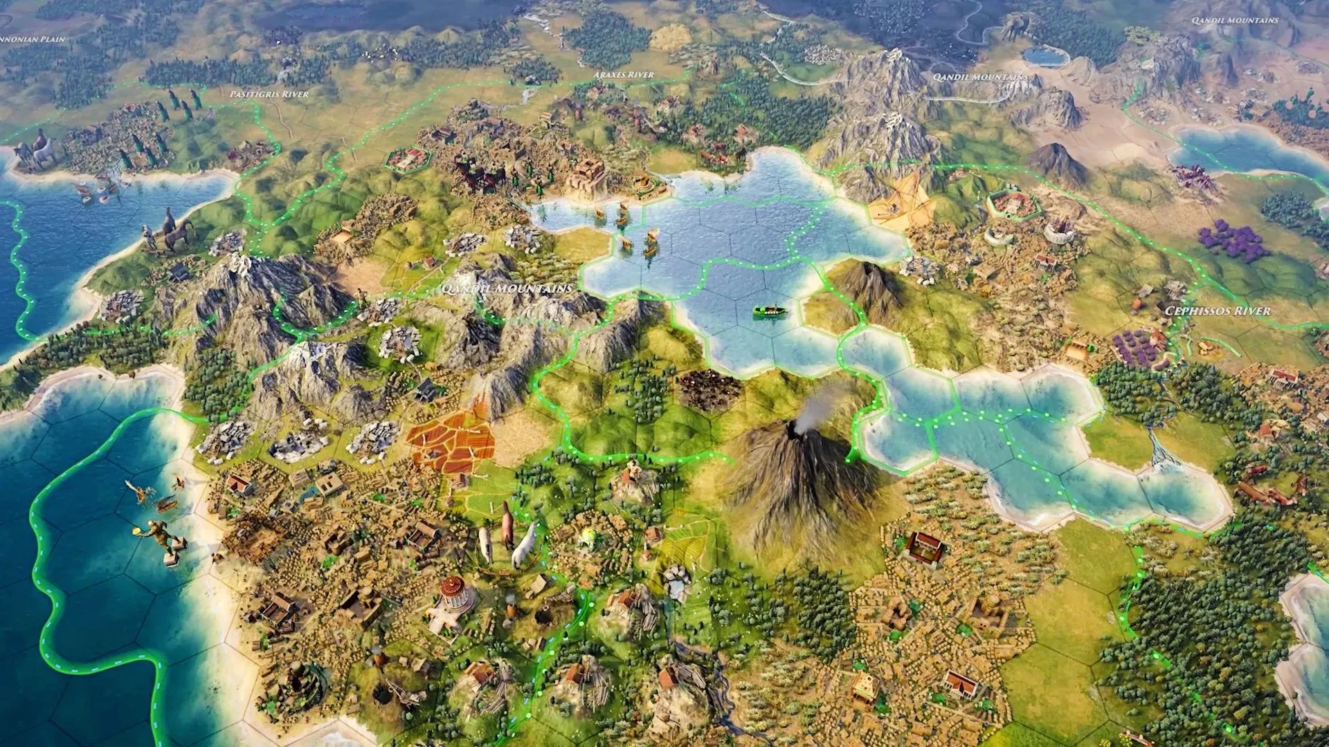 Một vài thành phố được bố trí trên bản đồ chiến thuật trong game Old World.