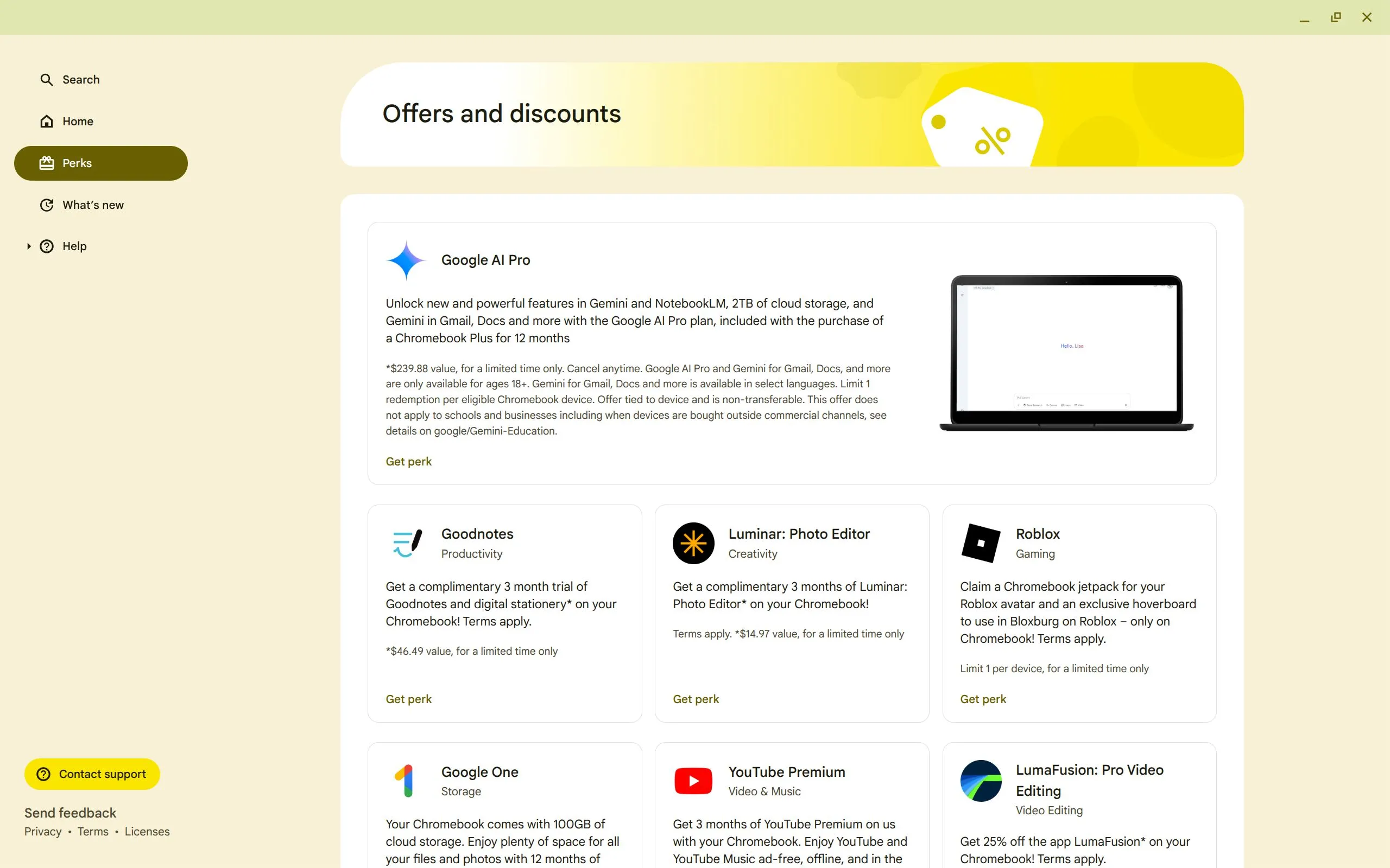 Mục Ưu đãi (Perks) trong ứng dụng Explore của Chromebook, hiển thị các gói dùng thử miễn phí và giảm giá đặc quyền cho người dùng.