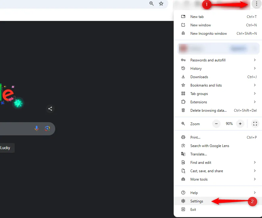 Mũi tên chỉ dẫn truy cập menu Cài đặt (Settings) trên trình duyệt Google Chrome để quản lý cookie.