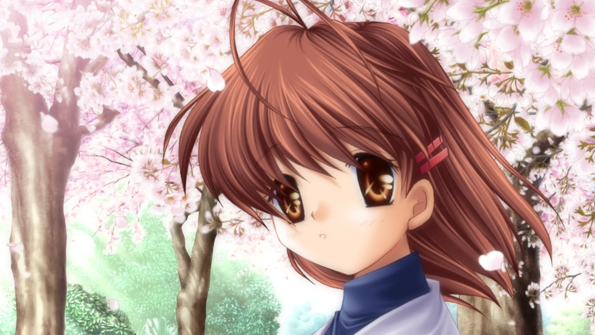 Nagisa Furukawa, nhân vật nữ chính trong CLANNAD, đứng dưới tán hoa anh đào, gợi lên khung cảnh lãng mạn nhưng chất chứa nhiều cảm xúc của tựa game visual novel này.