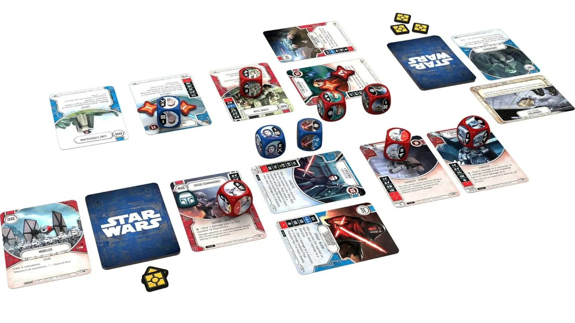 Người chơi đang trải nghiệm game board game Star Wars Destiny với các quân xúc xắc và lá bài đặc trưng.