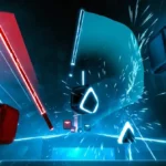 Người chơi dùng kiếm ánh sáng màu đỏ và xanh lam chém các khối nhạc trong game Beat Saber VR.