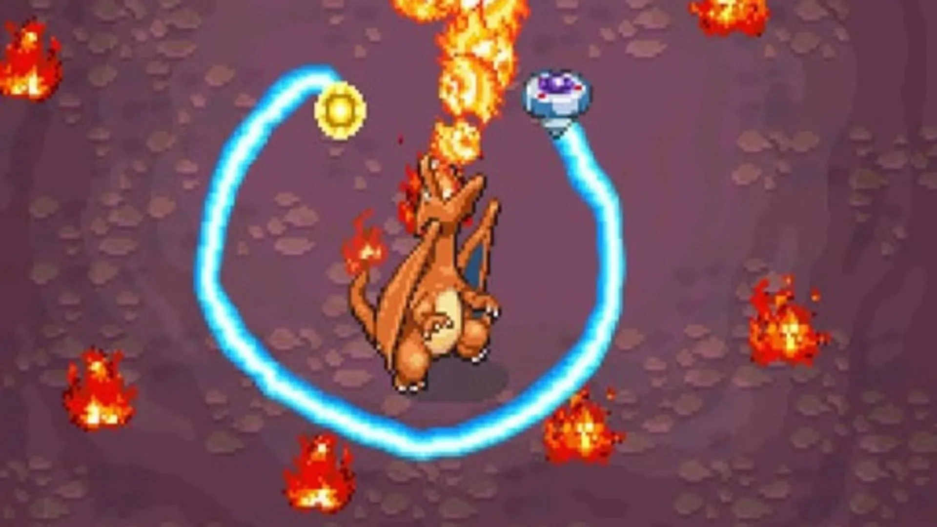 Người chơi sử dụng bút stylus để vẽ vòng tròn bao quanh Charizard trong game Pokémon Ranger trên Nintendo DS.
