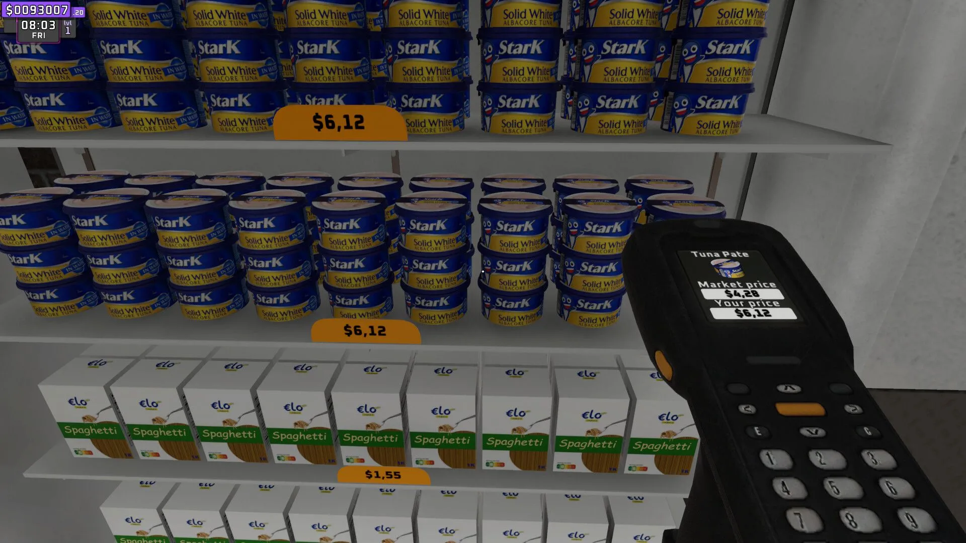 Người chơi Supermarket Together đang kiểm tra hóa đơn và quản lý hàng tồn kho
