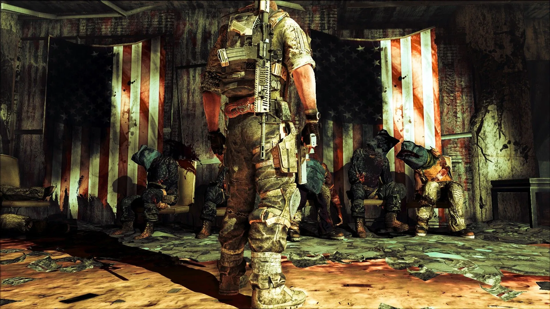 Người chơi trong Spec Ops: The Line nhìn những con tin đã chết trước lá cờ Mỹ, thể hiện chiều sâu cốt truyện.