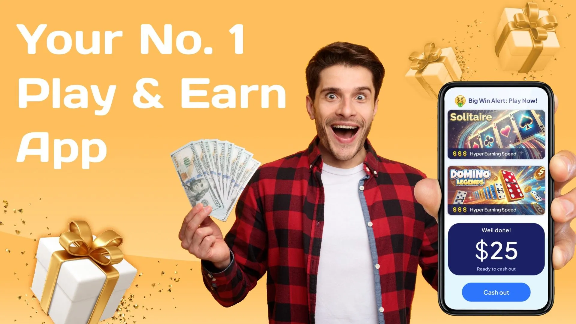 Người đàn ông cầm điện thoại hiển thị ứng dụng Bestplay và số tiền 25 đô la kiếm được từ việc chơi game.
