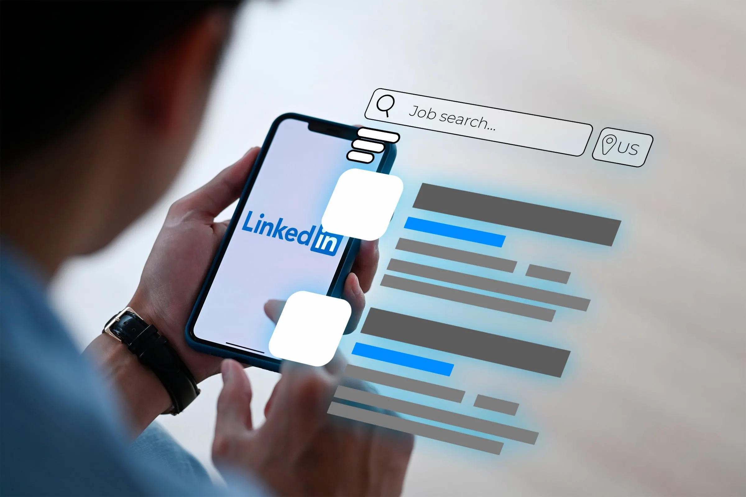 Người dùng cầm điện thoại với ứng dụng LinkedIn đang tìm kiếm việc làm, tượng trưng cho quá trình tìm việc thực tế và kiên nhẫn.