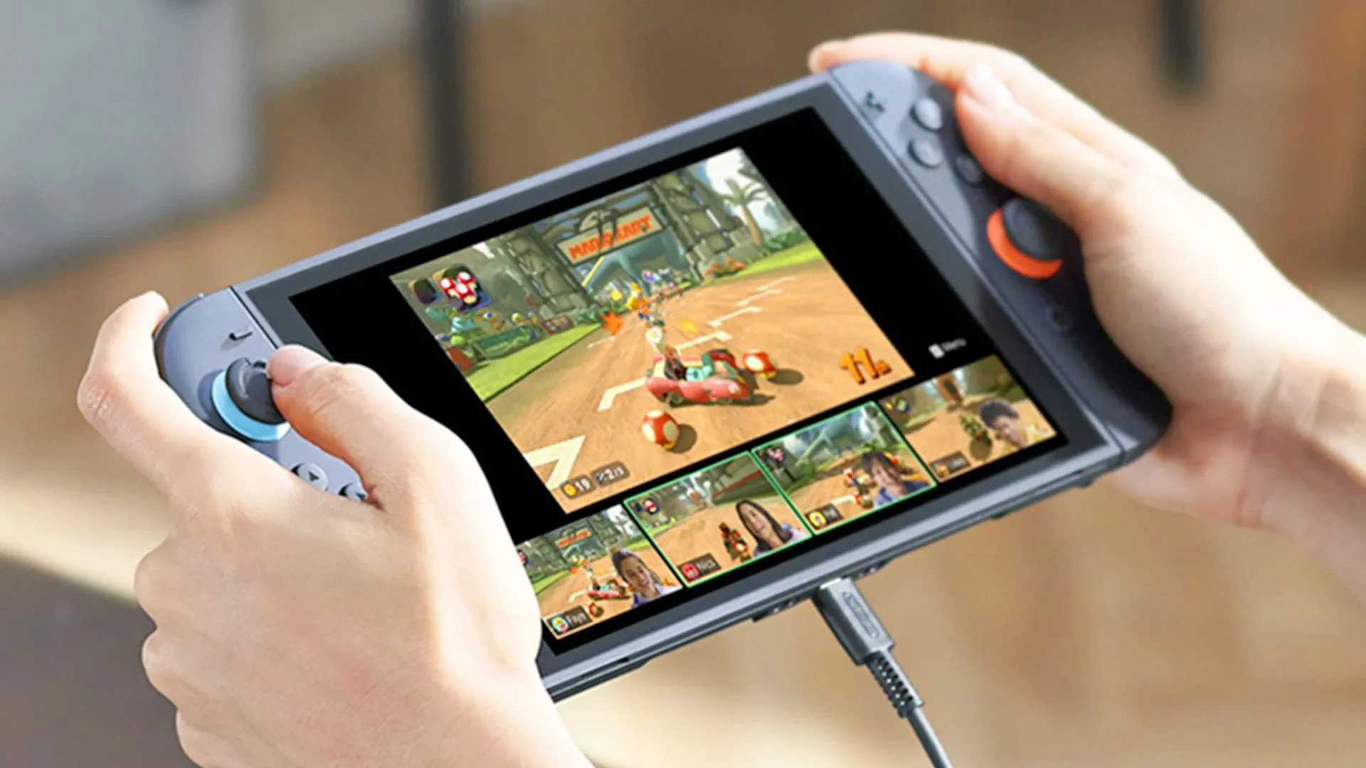 Người dùng đang trải nghiệm Nintendo Switch 2 ở chế độ cầm tay, thể hiện sức mạnh xử lý đồ họa vượt trội từ chip NVIDIA tùy chỉnh với DLSS và Ray Tracing.