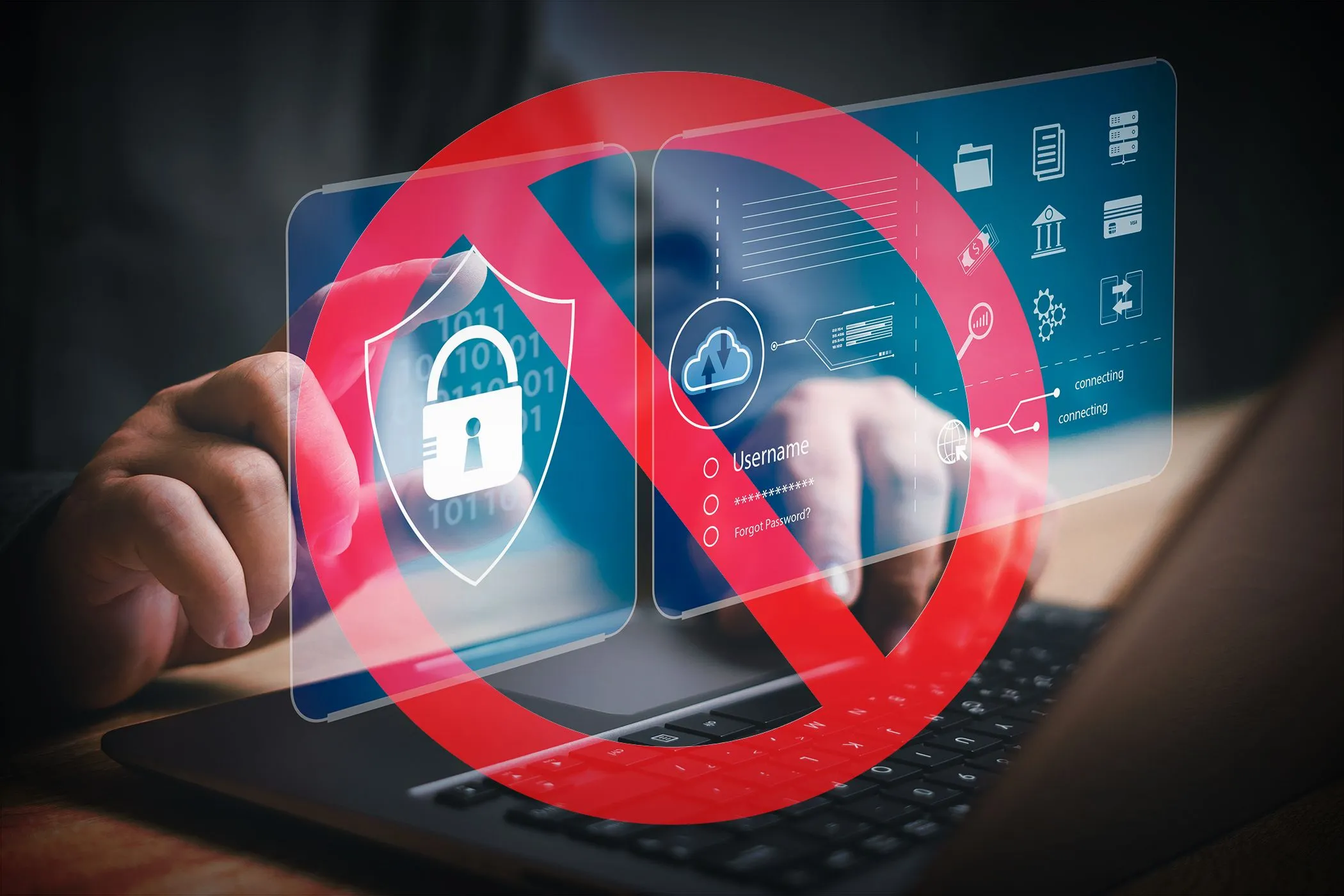 Nguy cơ bảo mật khi không dùng trình quản lý mật khẩu, màn hình laptop hiển thị biểu tượng bảo mật bị cấm.