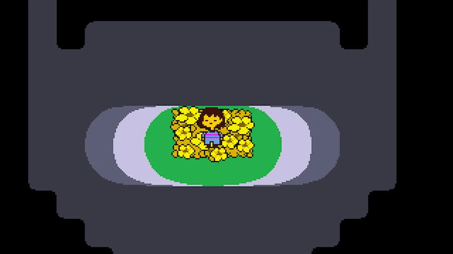 Nhân vật chính của Undertale đứng giữa những bông hoa, minh họa yếu tố lựa chọn đạo đức trong game RPG độc đáo.