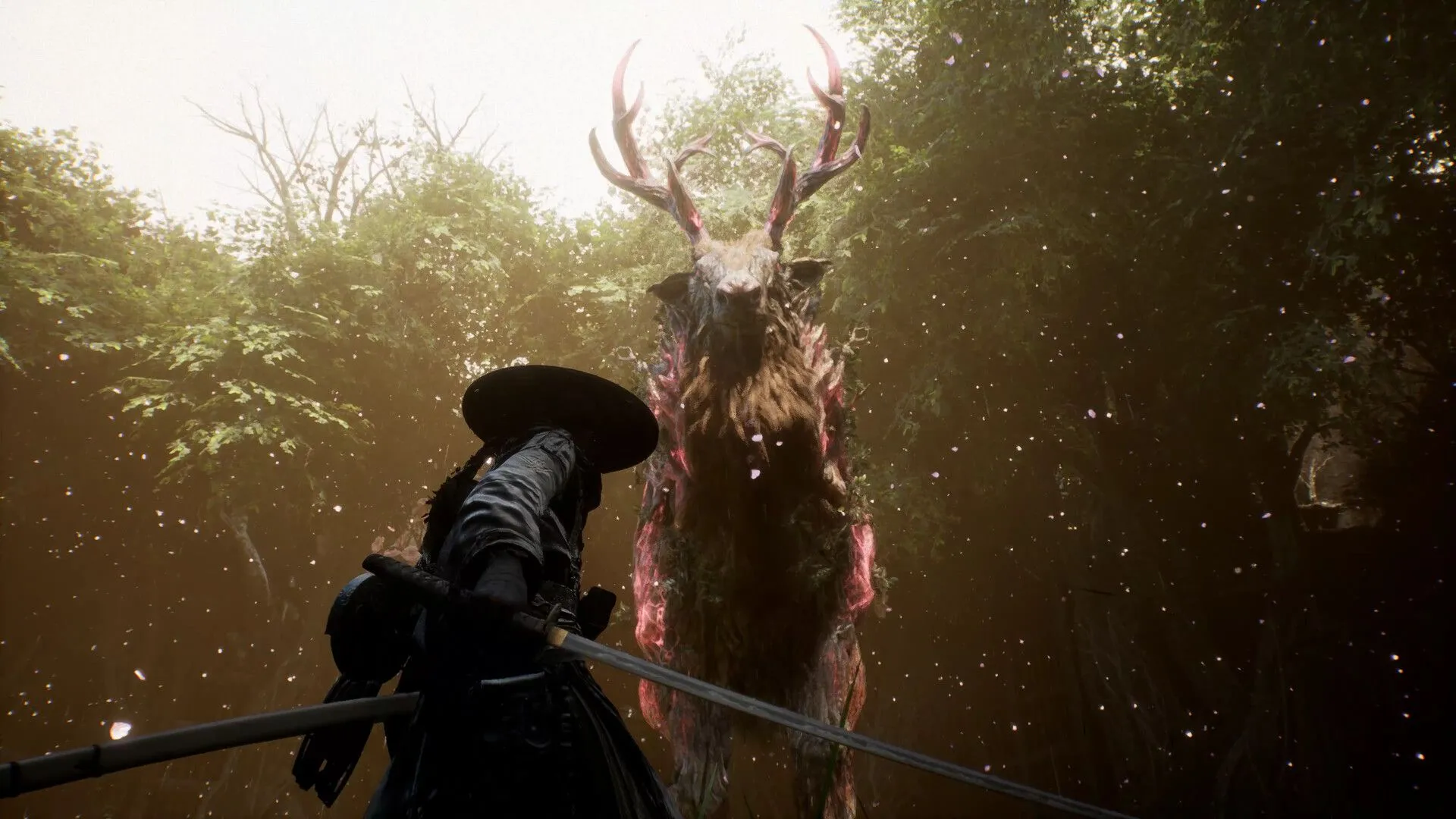 Nhân vật chính đối mặt với sinh vật hươu khổng lồ trong game nhập vai hành động Beast of Reincarnation của Game Freak.