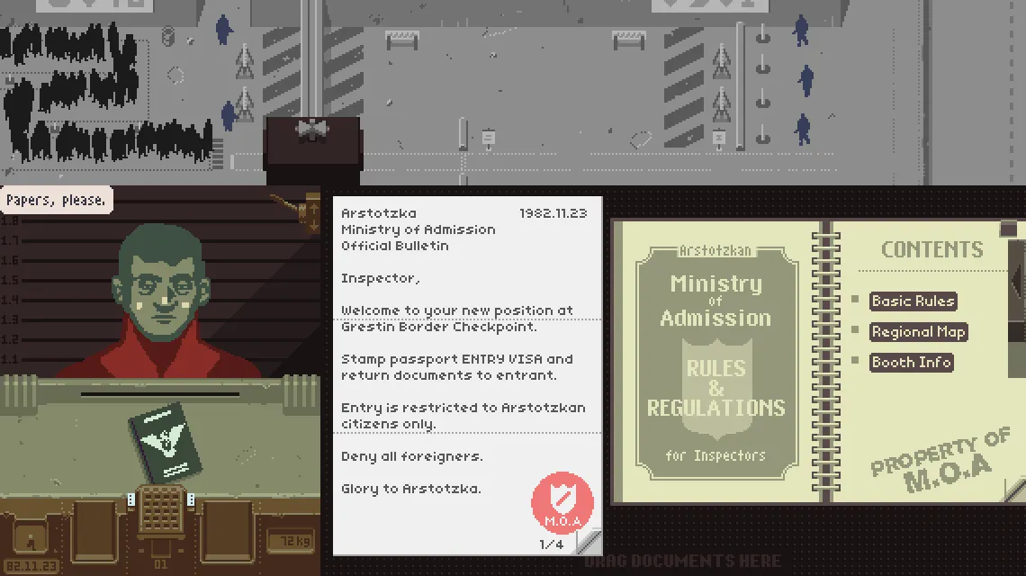 Nhân vật chính làm việc tại trạm kiểm soát biên giới trong Papers, Please, minh họa áp lực đưa ra quyết định.