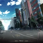 Nhân vật chính Okabe Rintaro trong game Visual Novel Steins;Gate đứng cô độc trên đường phố Tokyo vắng lặng.