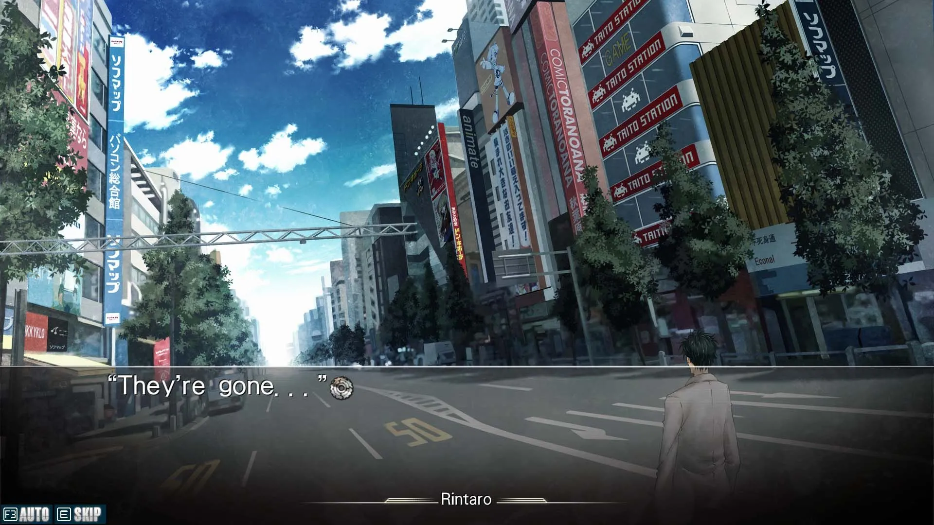 Nhân vật chính Okabe Rintaro trong game Visual Novel Steins;Gate đứng cô độc trên đường phố Tokyo vắng lặng.