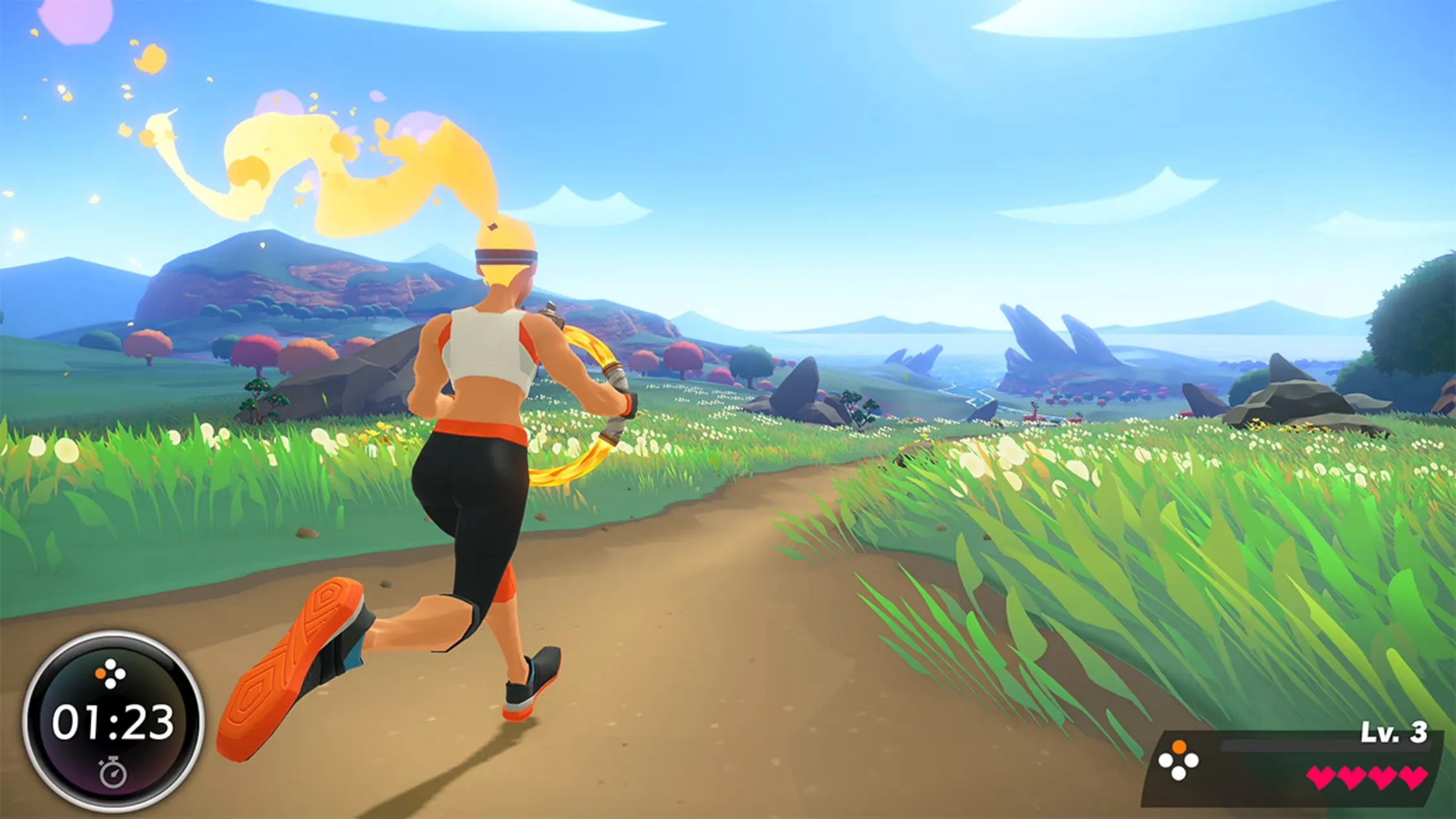 Nhân vật đang chạy trên con đường trong Ring Fit Adventure, thể hiện sự kết hợp giữa game và thể dục trên Nintendo Switch 2