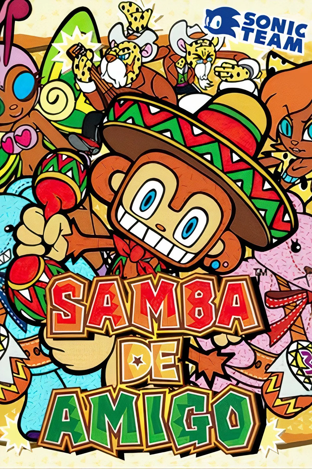 Nhân vật game Samba de Amigo nhảy múa với maraca, minh họa cơ chế điều khiển bằng phụ kiện lắc độc đáo.