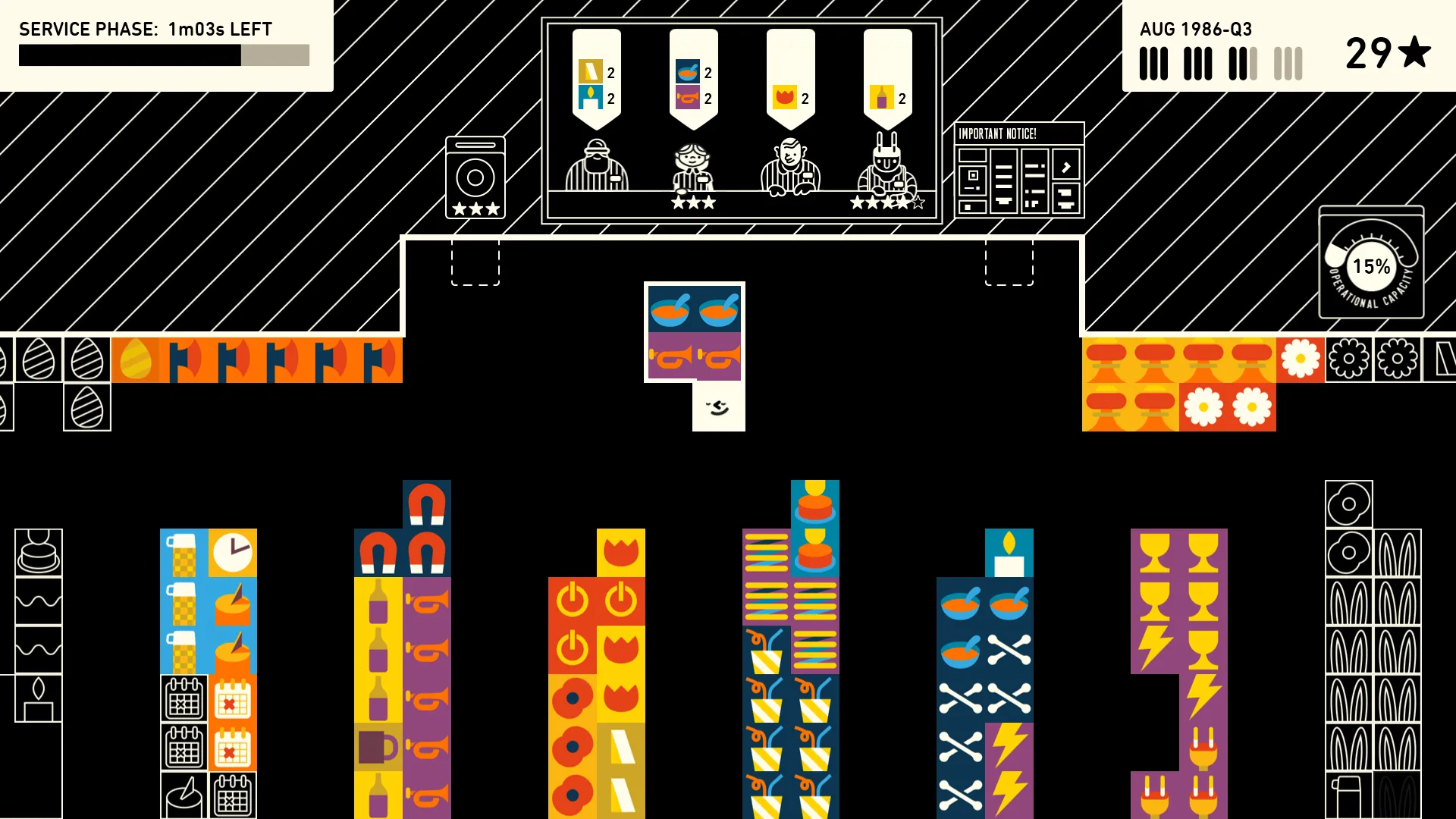 Nhân vật hình vuông Wilmot mang các vật phẩm biểu tượng trong Wilmot’s Warehouse, một game giải đố quản lý kho hàng.