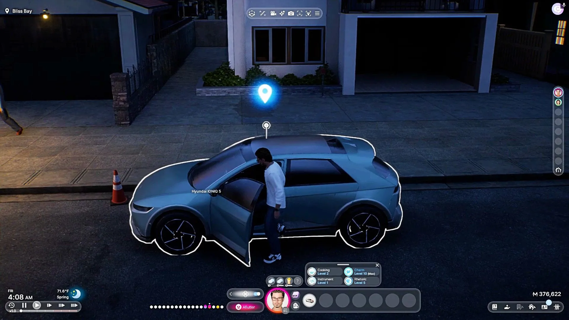 Nhân vật InZOI bước vào xe hơi trên đường phố, cho thấy khả năng lái xe hoạt động trong game.