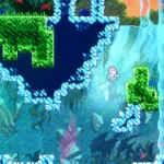 Nhân vật Maddy tóc đỏ bay lướt qua các nền tảng xanh biếc trong game Celeste, biểu tượng của thể loại platformer thử thách.