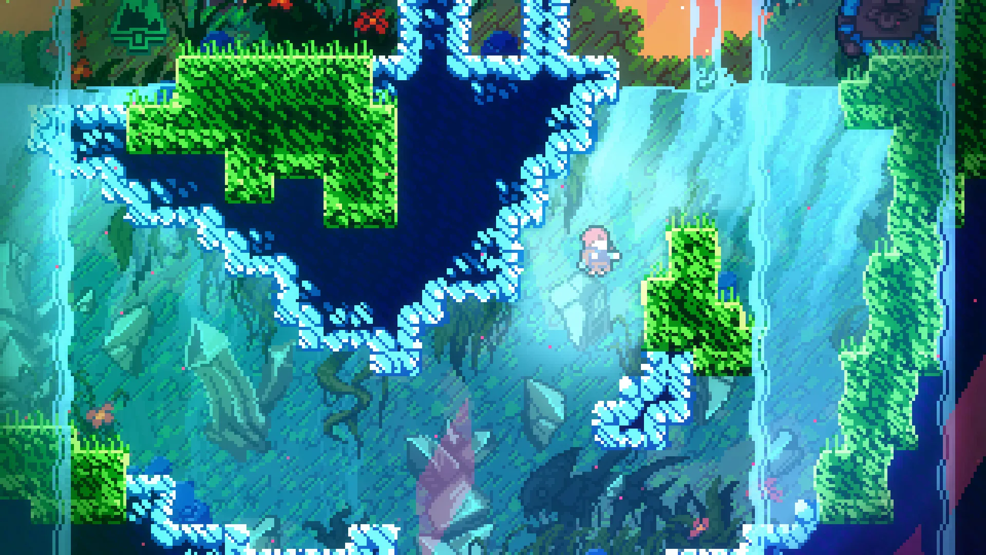 Nhân vật Maddy tóc đỏ bay lướt qua các nền tảng xanh biếc trong game Celeste, biểu tượng của thể loại platformer thử thách.