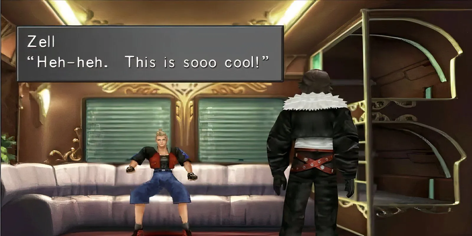 Nhân vật Squall Leonhart nằm trên giường trong một toa tàu của Final Fantasy 8, bối cảnh một JRPG với yếu tố lãng mạn.