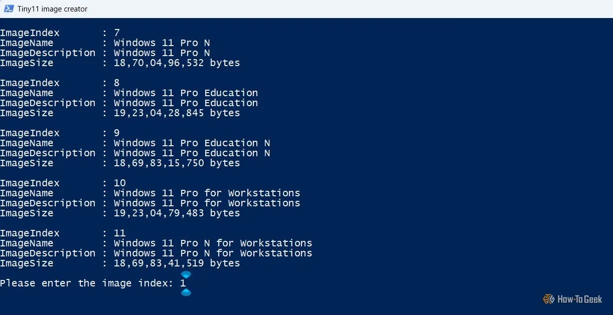 Nhập chỉ số phiên bản (Image Index) của Windows 11 mong muốn trong cửa sổ PowerShell.