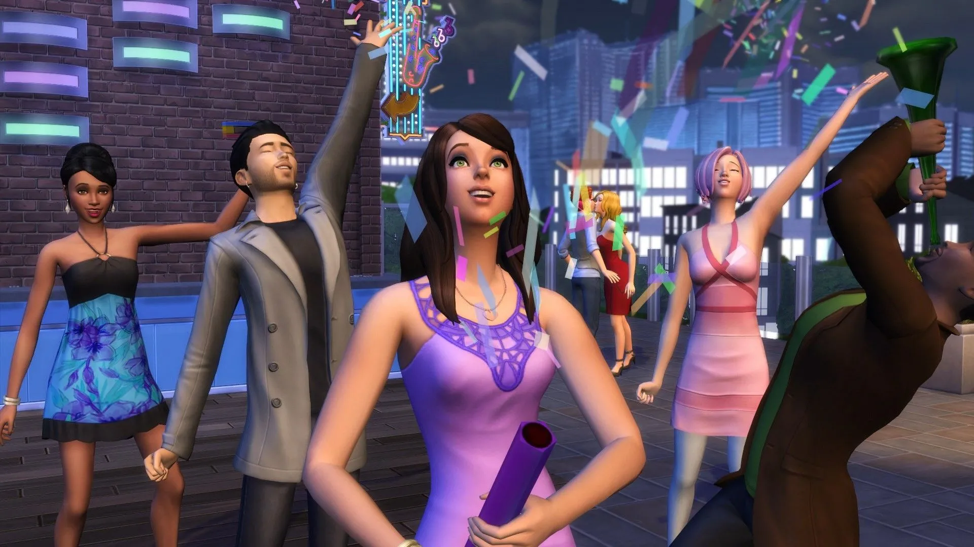 Nhóm nhân vật The Sims 4 đang vui vẻ kỷ niệm một sự kiện, thể hiện tính chất giải trí nhưng thiếu đổi mới của trò chơi.