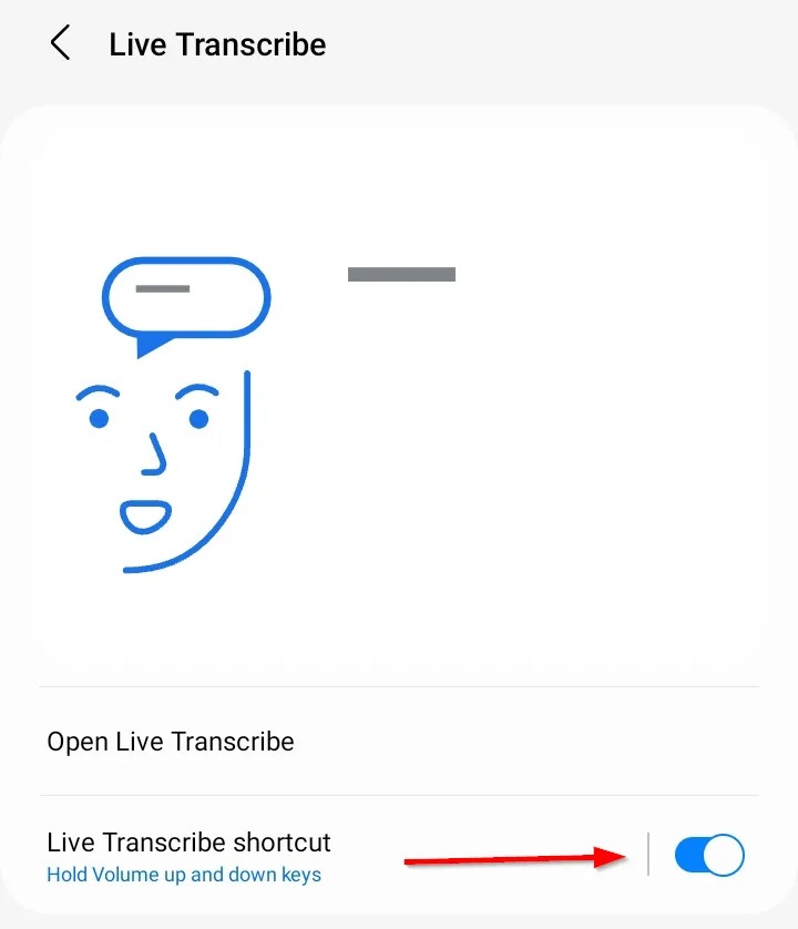 Nút bật/tắt &quot;Phím tắt Live Transcribe&quot; trong cài đặt ứng dụng