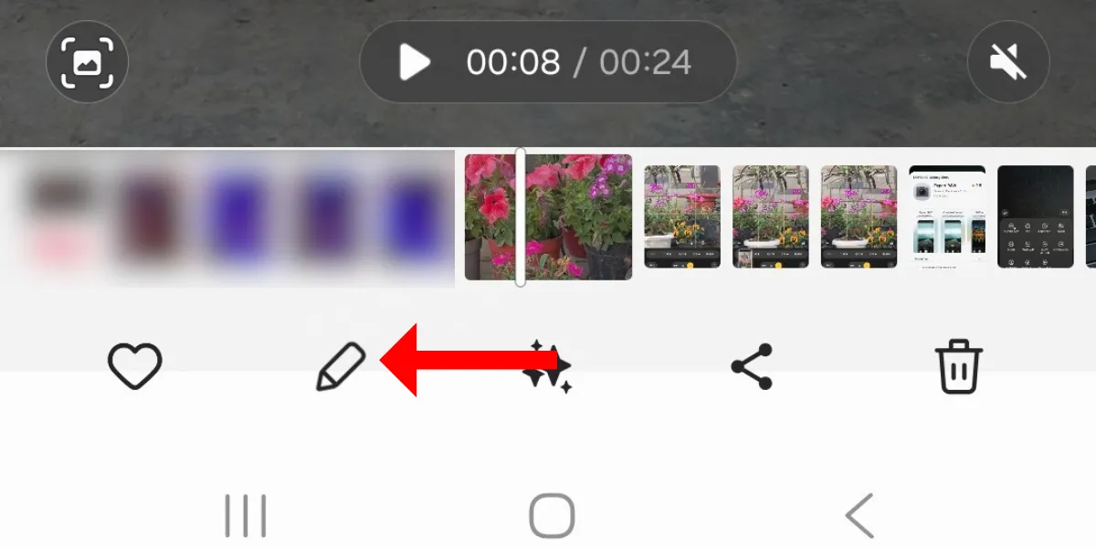 Nút chỉnh sửa (biểu tượng bút chì) trong ứng dụng Thư viện khi xem video trên Galaxy S25.
