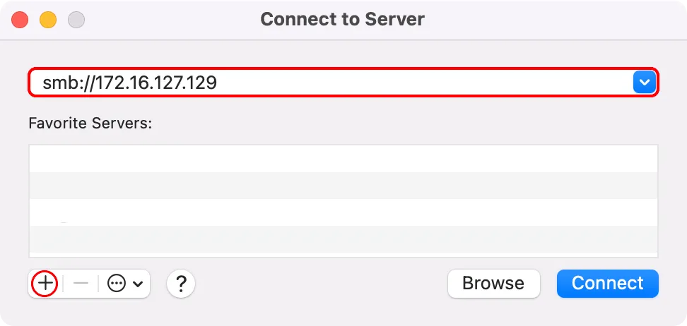 Nút &quot;+&quot; được đánh dấu trong cửa sổ &quot;Connect to Server&quot; để thêm địa chỉ máy chủ vào danh sách yêu thích.
